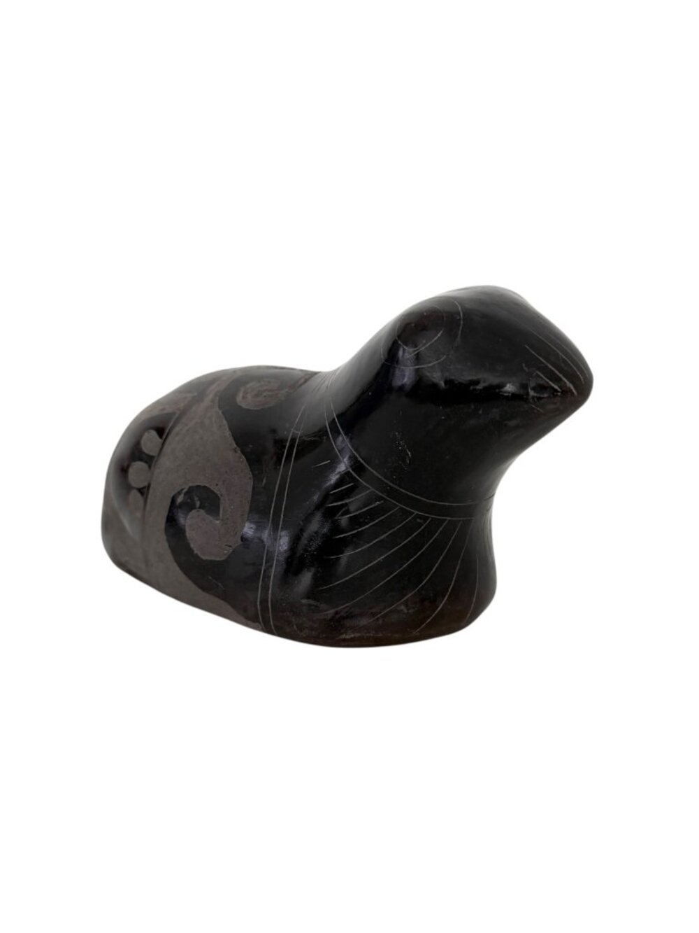 Tonala Mexican Black Pottery Clay Folk Art Etched Seal Sea Lion Figurine Statue